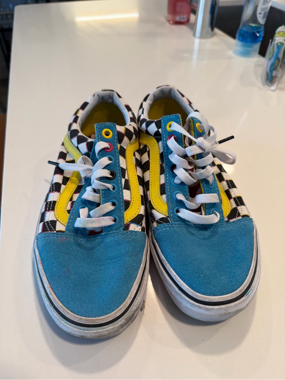 Women’s Checkerboard Vans in Blue and Yellow Size 8.5